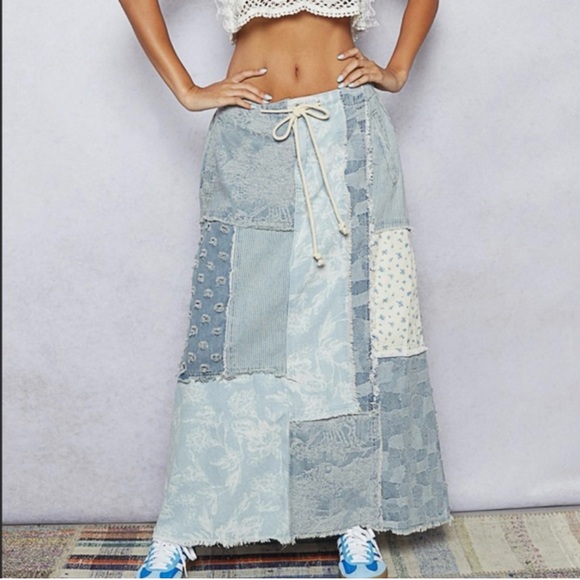 POL Dresses & Skirts - Boho Maxed Out Corded Waist denim patchwork maxi skirt size SMALL by POL